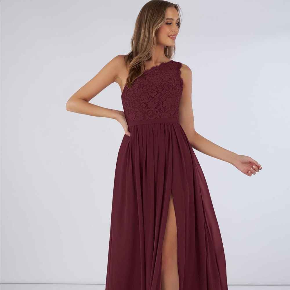 Azazie Bridesmaids Dress Cabernet unhemmed